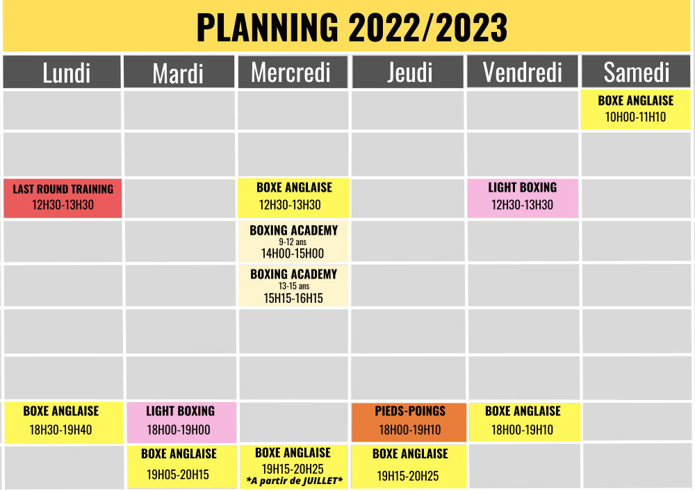 planning cours boxe brignais mai 2023 ouverture salle de Boxe