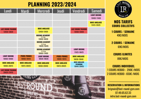 nouveau planning de cours rentrée septembre 2023 boxe brignais